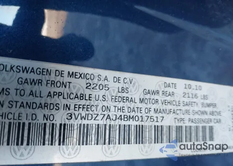 2011 Volkswagen Jetta 2.5L Se from USA, damaged, VIN 3VWDZ7AJ4BM017517